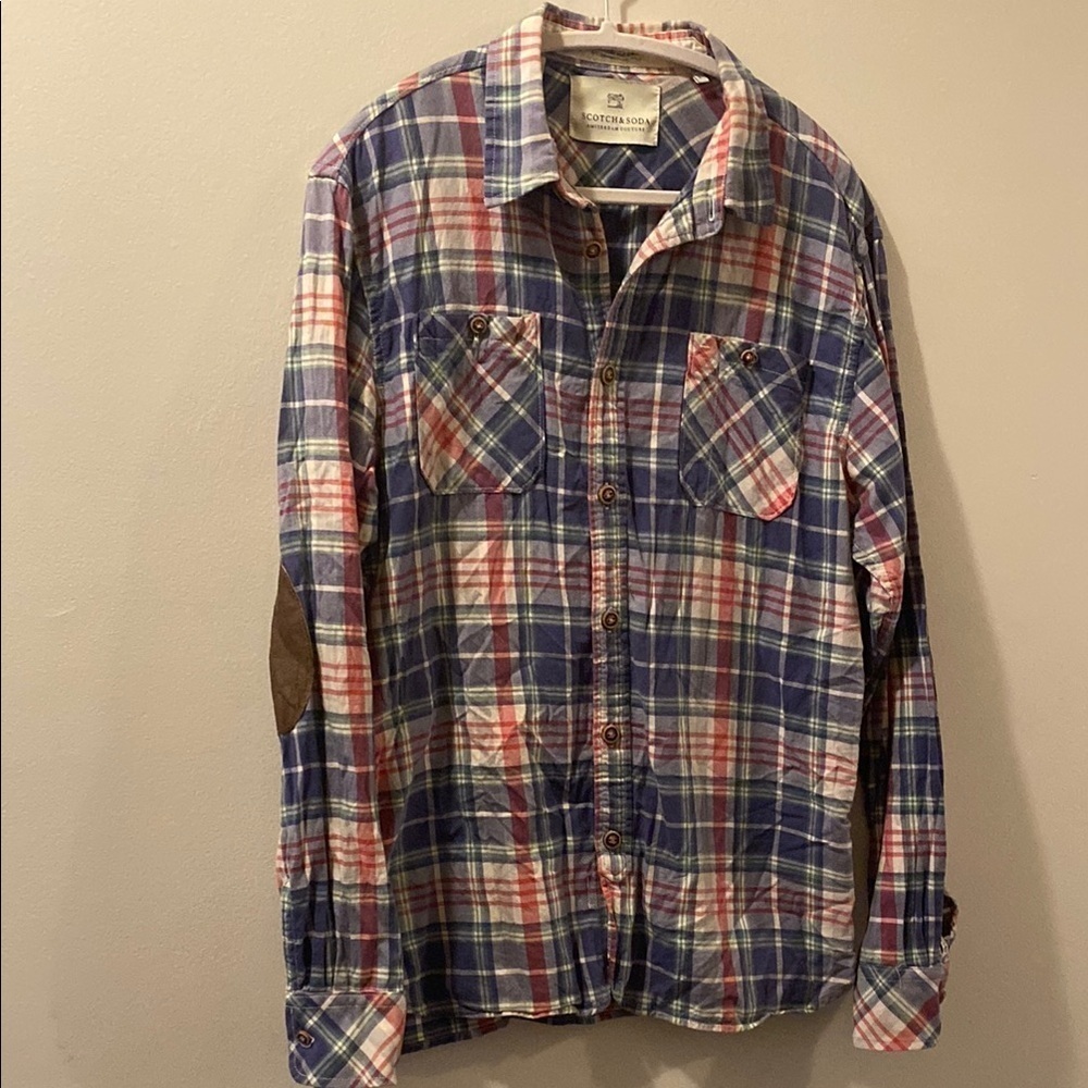 Scotch & Soda Men's Plaid Shirt - Blue and Red - large - elbow patches